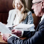 Dois advogados em uma mesa de escritório folheando papéis